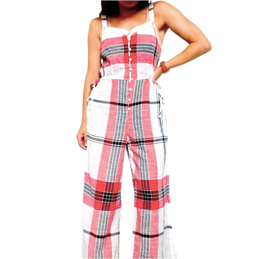 April Cornell Plaid Jumpsuit Wide Leg Smocked Cotton Overalls Cottage Casual M